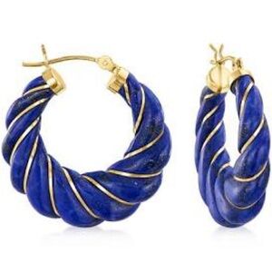 BEAUTIFUL NWT ROSS SIMONS BRAND CARVED LAPIS HOOP EARRINGS IN 14K GOLD
